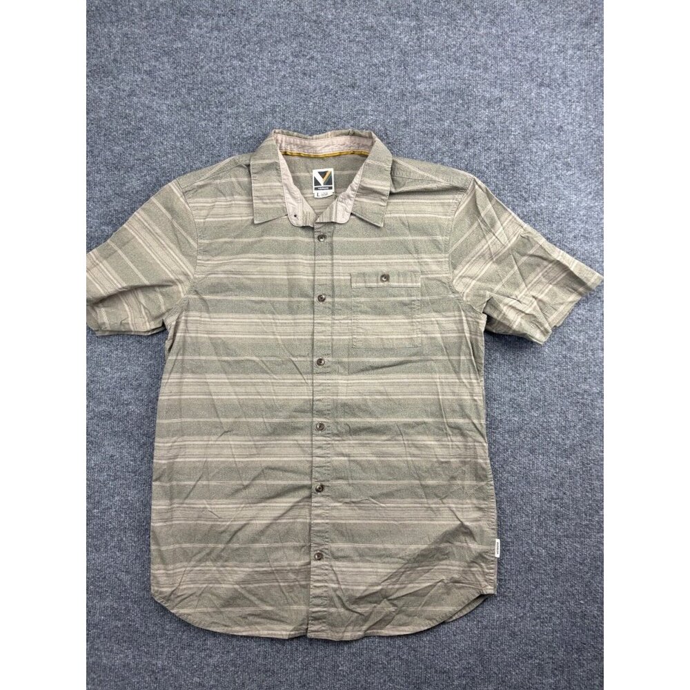 Voyager Button Up Shirt Men's Large Beige Stripe Short Sleeve Pockets‎ Collared
